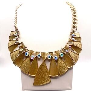 Vintage Golden Bib Necklace with Aurora Boreales Rhinestones